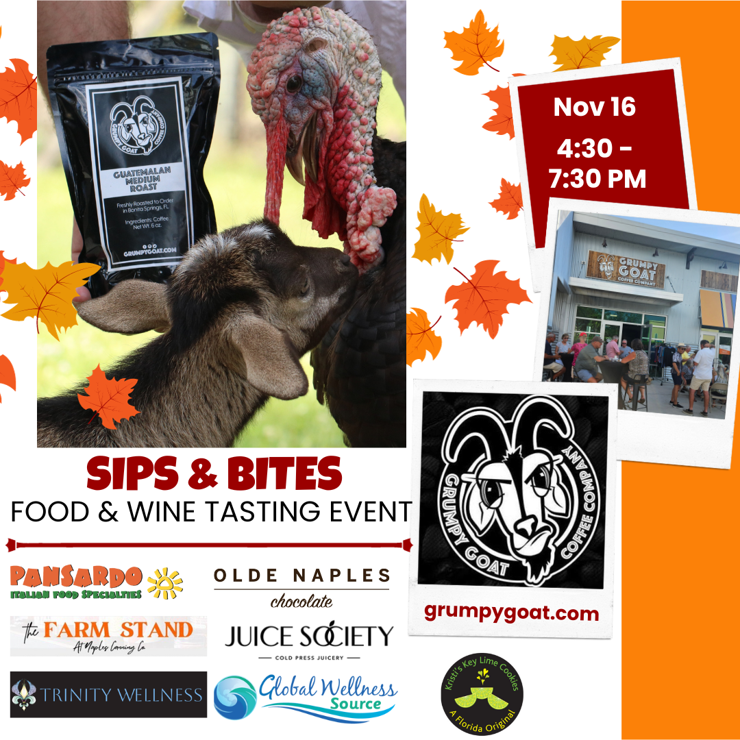 Sips & Bites free tasting event at Grumpy Goat Coffee November 16, 2023