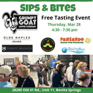 Grumpy Goat Coffee Sips and Bites tasting event March 28, 2024