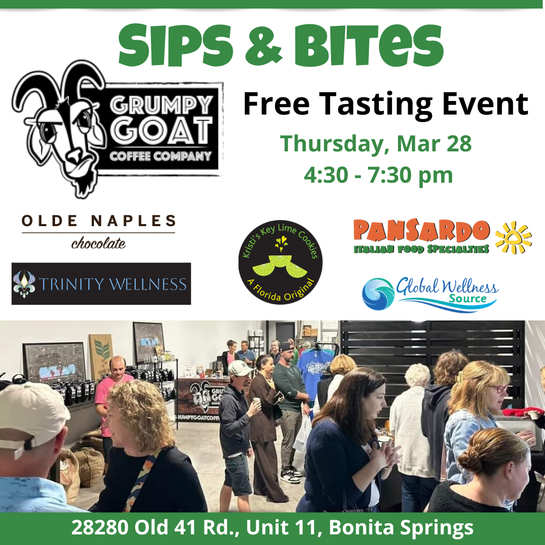 Sips & Bites free tasting event at Grumpy Goat Coffee March 28, 2024